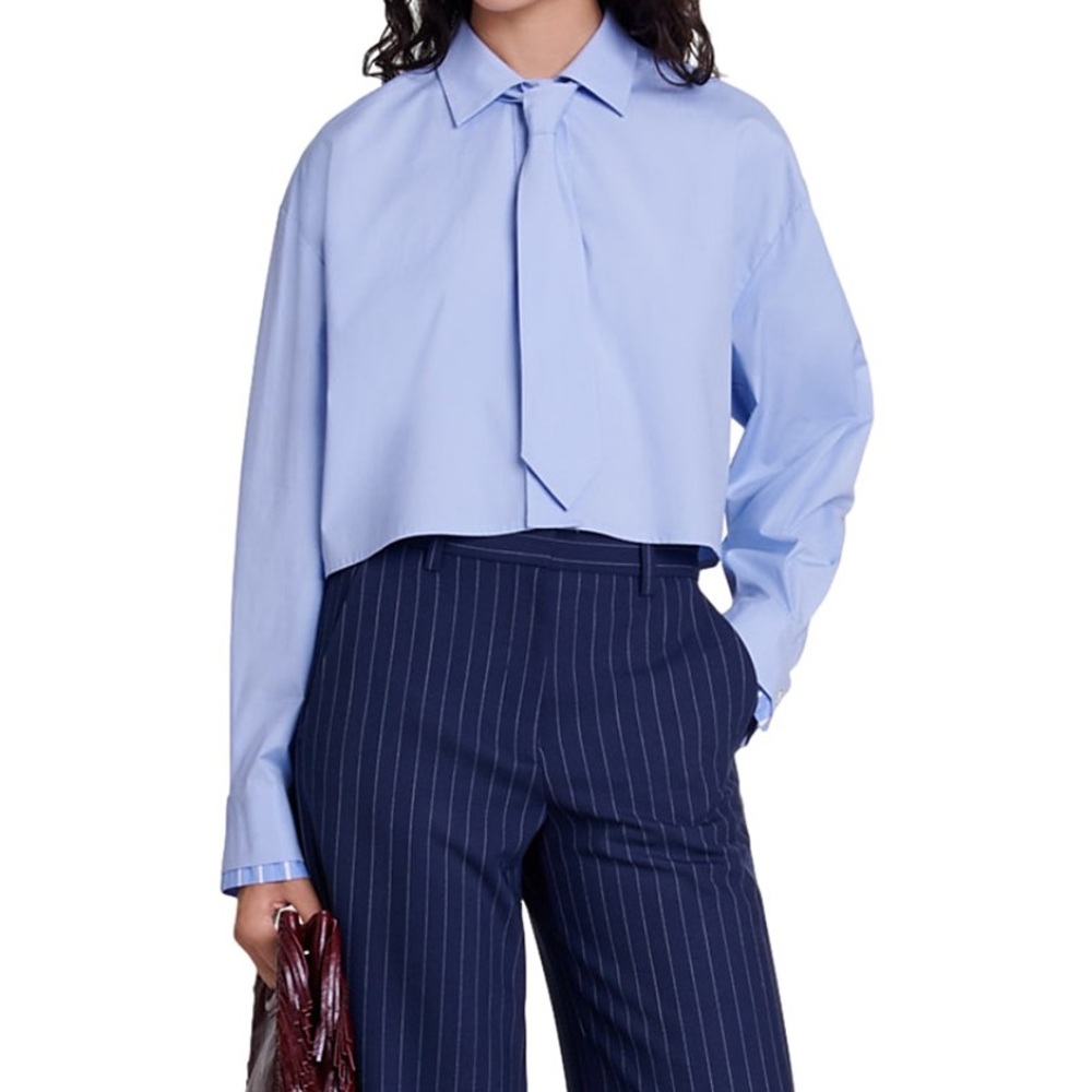 Maje Blue Long Sleeve Crop Button Down